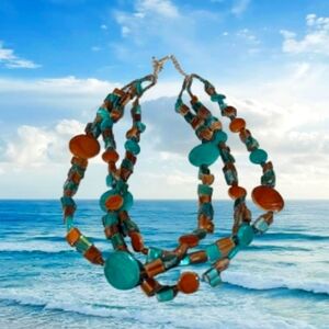 Vintage Bohemian Blue & Gold Orange Beaded Necklace